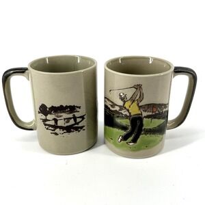 (2) Vintage Otagiri Golf Theme Coffee Mug Cup Golfer Scene Stoneware Japan 1970s